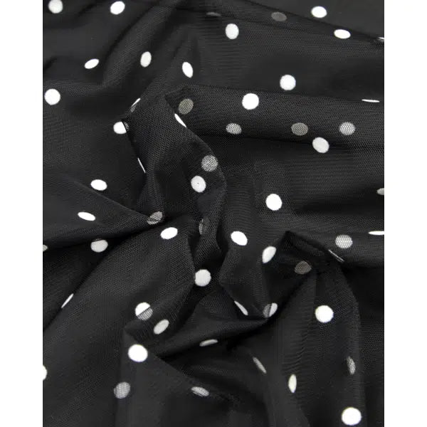 Flock Polka Tulle Fabric - White on Black – view 4 – Truro Fabrics