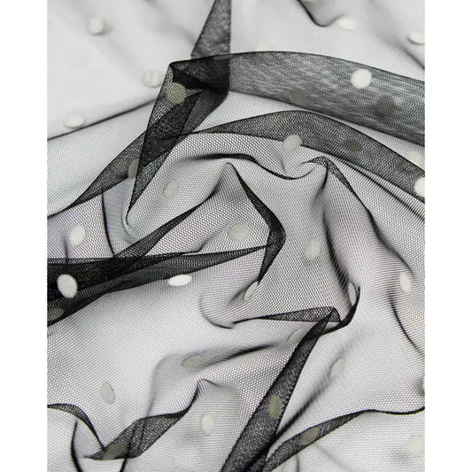 Flock Polka Tulle Fabric - White on Black – Truro Fabrics