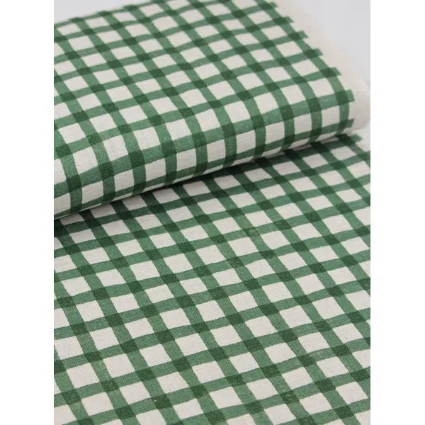 Japanese Linen Look Cotton Fabric – Freehand Check Forest | Truro Fabrics