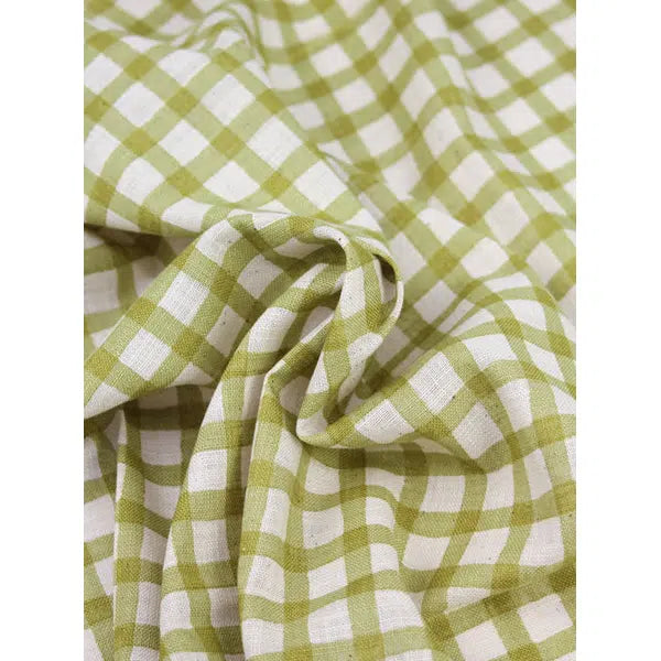 Japanese Linen Look Cotton Fabric – Freehand Check Lemongrass – view 3 | Truro Fabrics