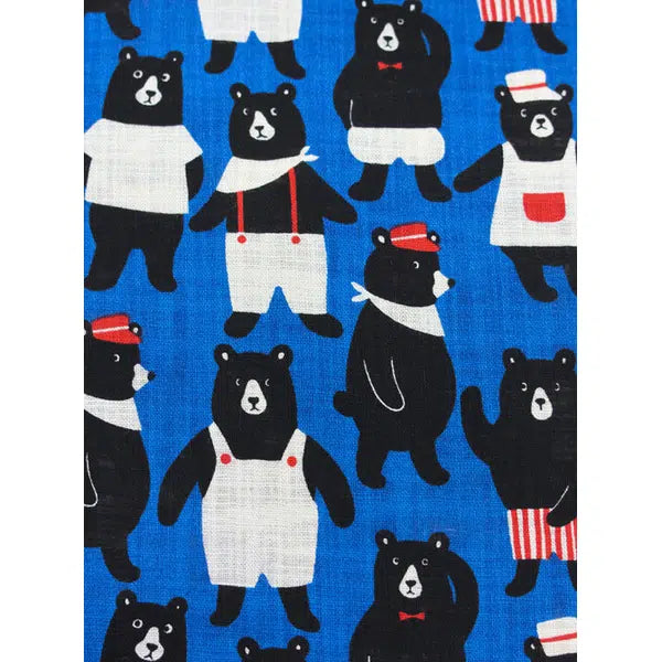 Japanese Linen Look Cotton Fabric - Kyoton Bears Blue | Truro Fabrics
