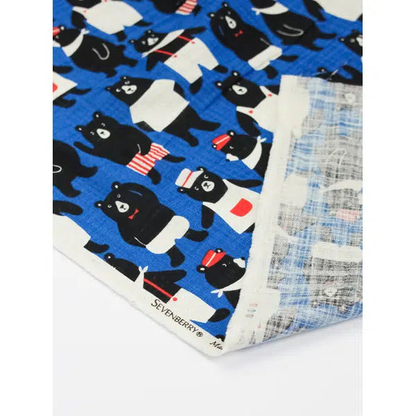 Japanese Linen Look Cotton Fabric - Kyoton Bears Blue | Truro Fabrics