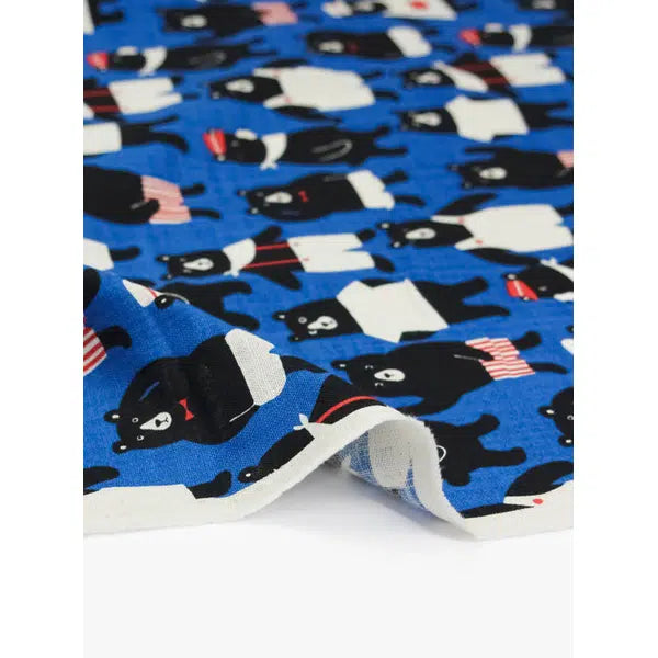 Japanese Linen Look Cotton Fabric - Kyoton Bears Blue | Truro Fabrics