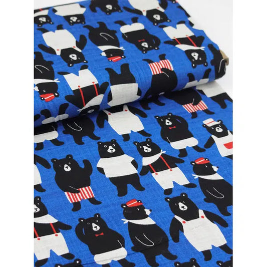 Japanese Linen Look Cotton Fabric - Kyoton Bears Blue | Truro Fabrics