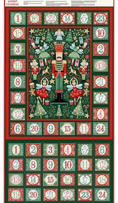 An Advent calendar fabric panel featuring a central nutcracker. rat kings and sugar plum fairies surrounded by numbered gift boxes, with a red border and green background.
