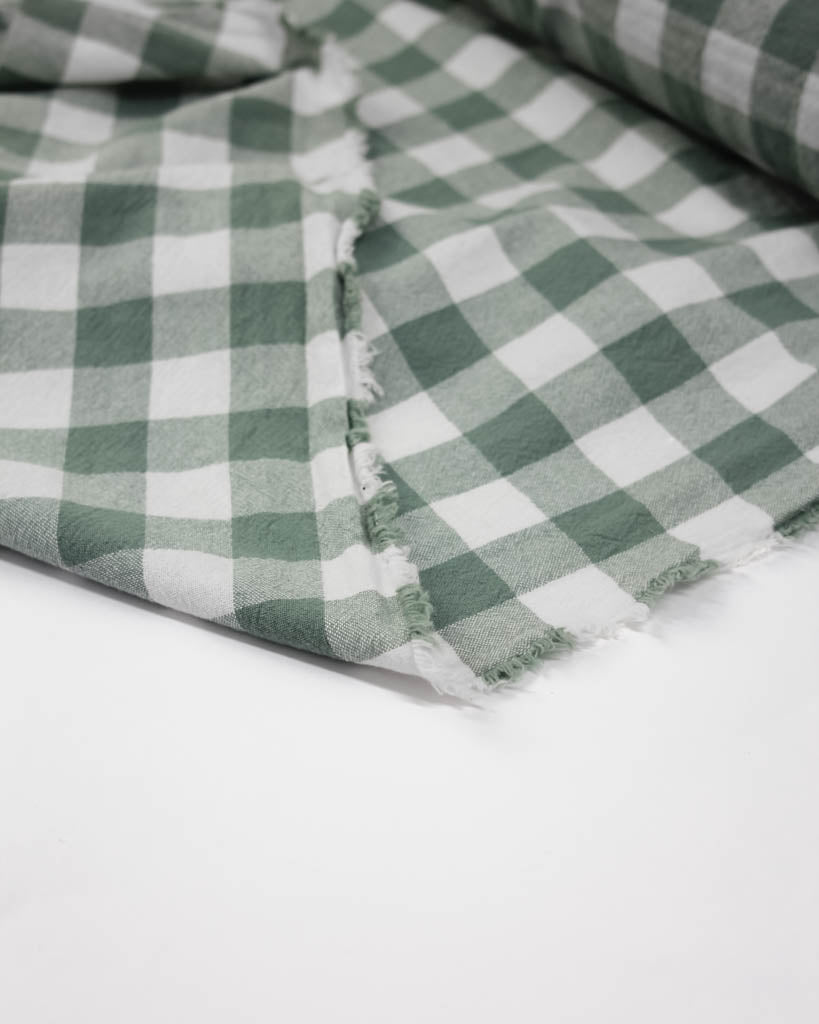 Green and white checkered fabric on a white background