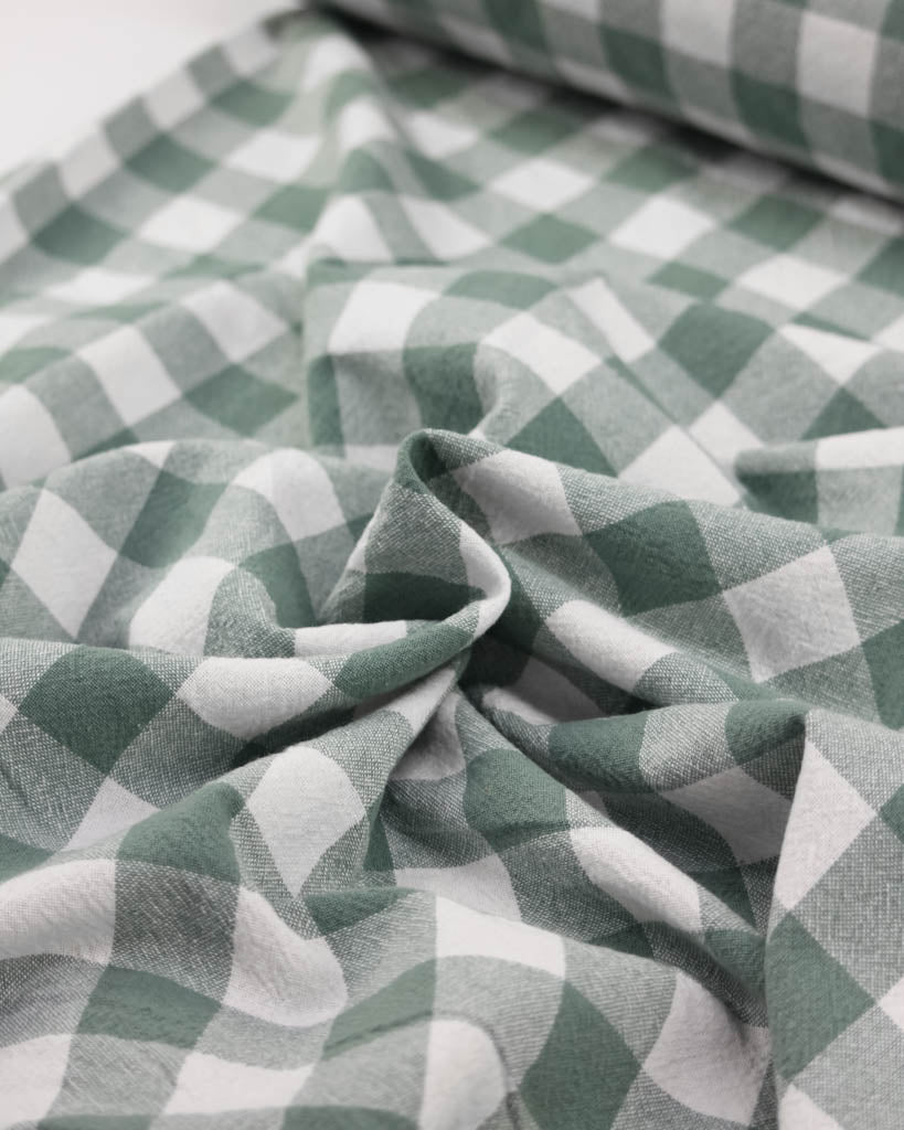 Green and white checkered gingham cotton fabric