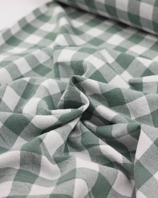 Green and white checkered gingham cotton fabric
