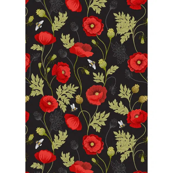 Patchwork Cotton Fabric - Poppies - Poppy & Bee on Black | Truro Fabrics