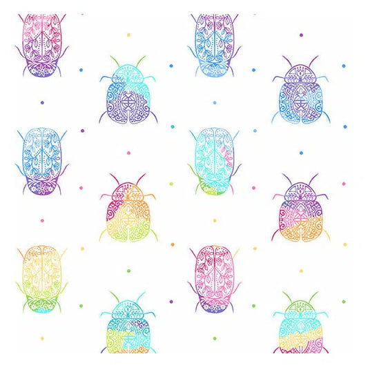 Patchwork Cotton Fabric - Rainbow Garden - Rainbow Bugs White | Truro Fabrics