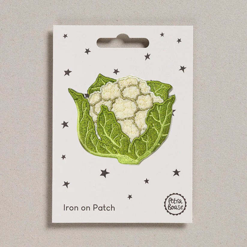 Petra Boase cauliflower iron-on embroidered patch with cream cauliflower and green leaves on presentation card.