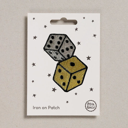 Petra Boase lucky dice iron-on embroidered patch featuring a pair of retro-style dice on presentation card.
