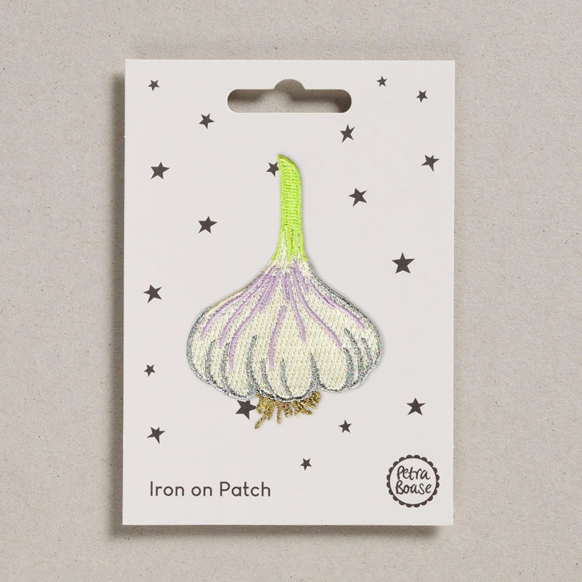 Shop the Petra Boase Garlic Iron-On Patch. A quirky embroidered garlic motif perfect for customising clothing, bags, repairs and craft projects.