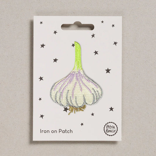 Shop the Petra Boase Garlic Iron-On Patch. A quirky embroidered garlic motif perfect for customising clothing, bags, repairs and craft projects.