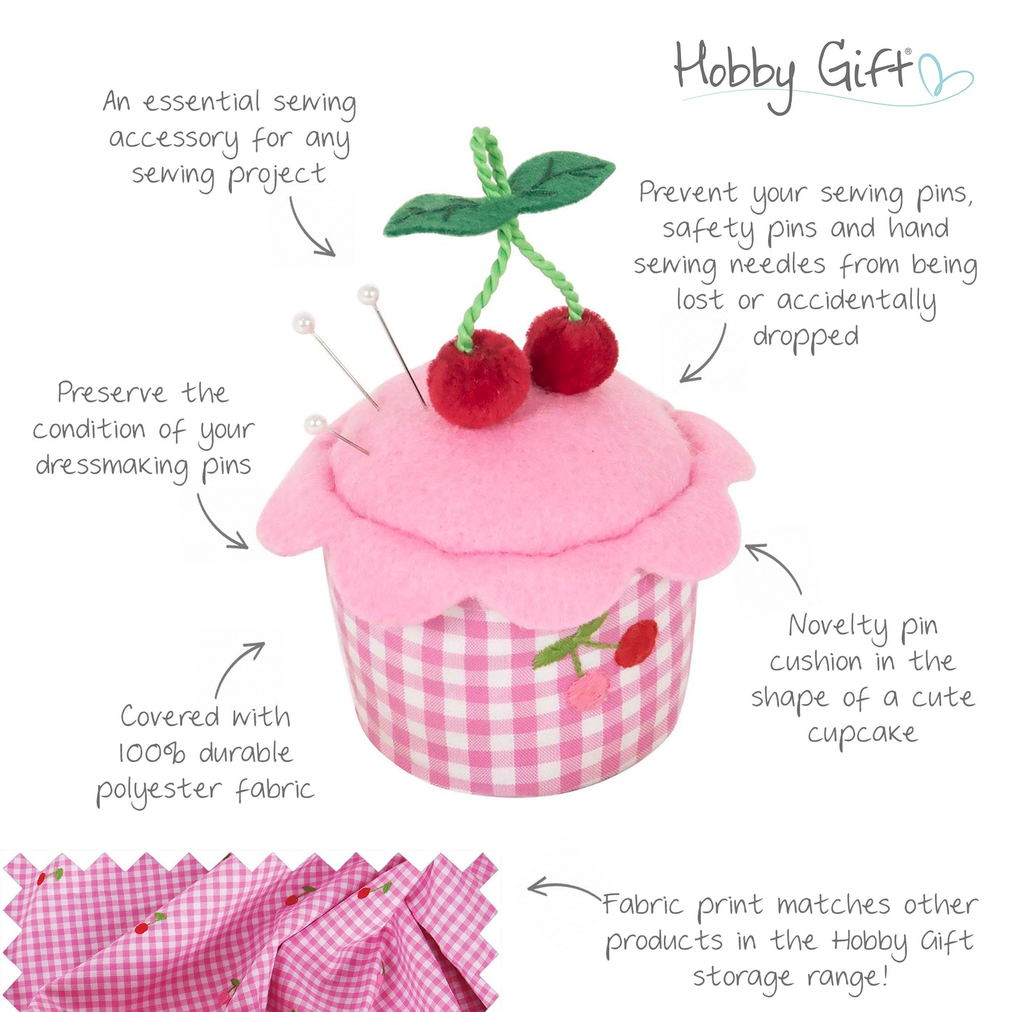 Pin Cushion - Cupcake - Embroidered Cherries