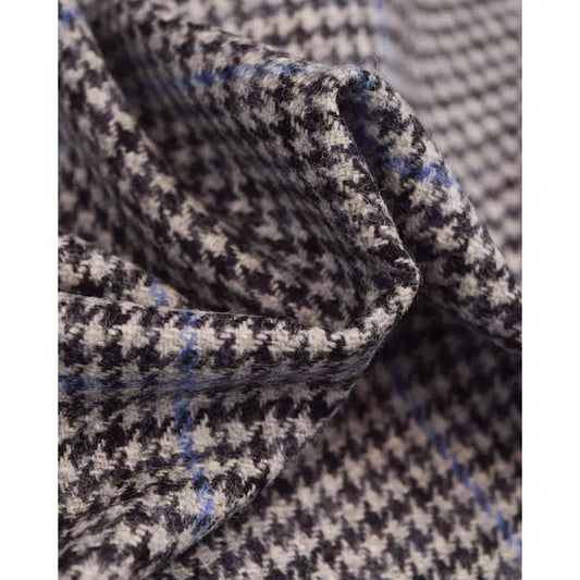 Pure Wool Donegal Tweed Fabric - Grey & Blue Houndstooth Check | Truro Fabrics