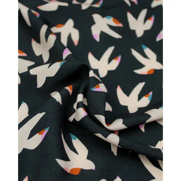 Rayon Challis Fabric - Bold & Bloom - Birds Black – view 2 | Truro Fabrics