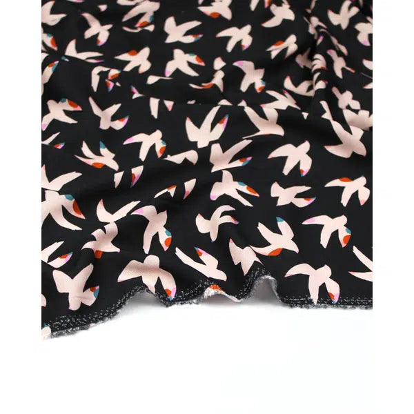 Rayon Challis Fabric - Bold & Bloom - Birds Black | Truro Fabrics