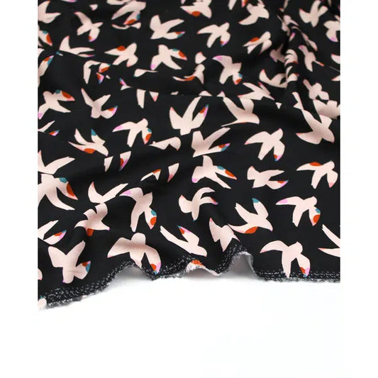 Rayon Challis Fabric - Bold & Bloom - Birds Black | Truro Fabrics