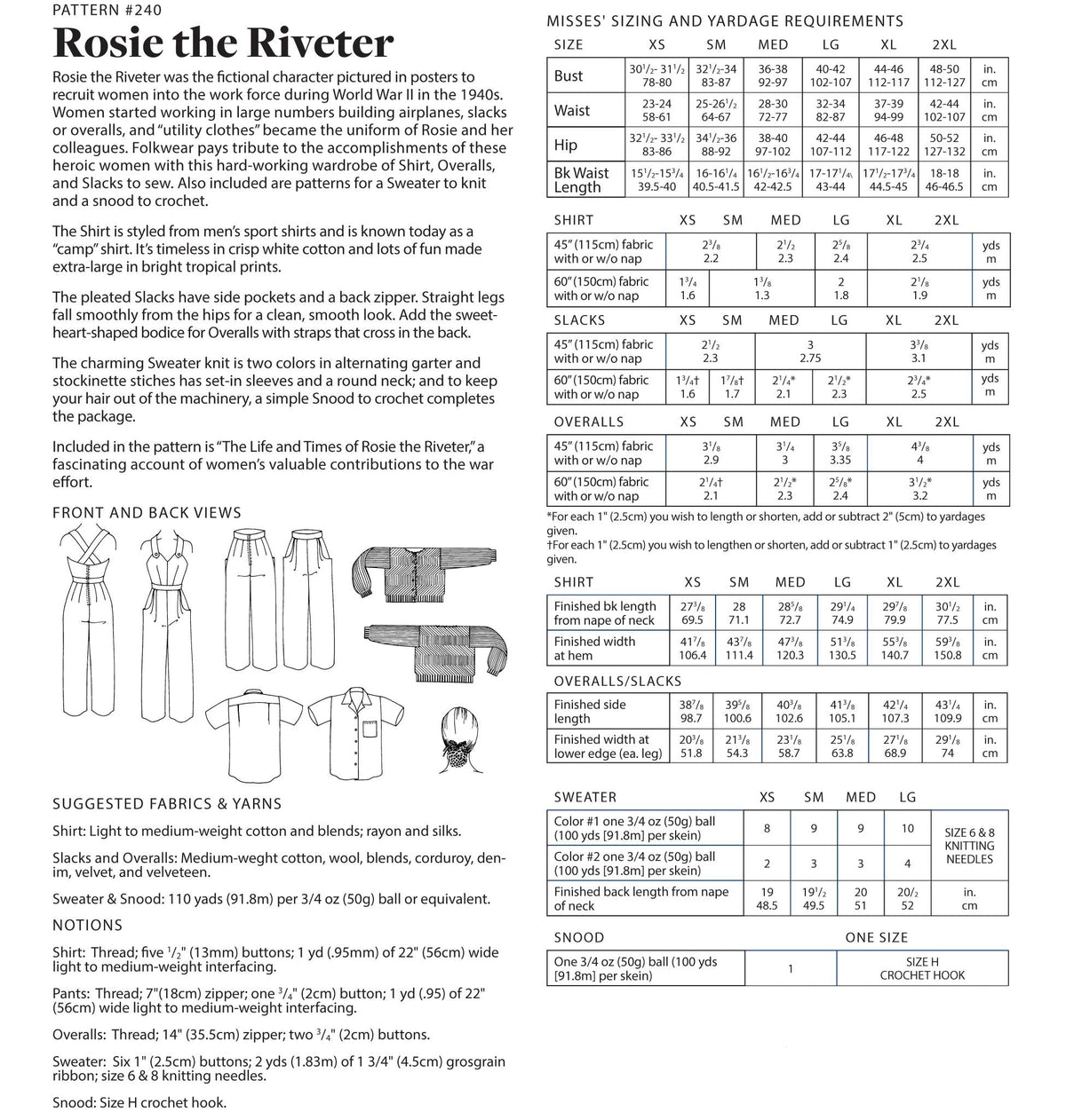 Photo of back cover shows size and yardage chart.  Includes fabric suggestions and description.