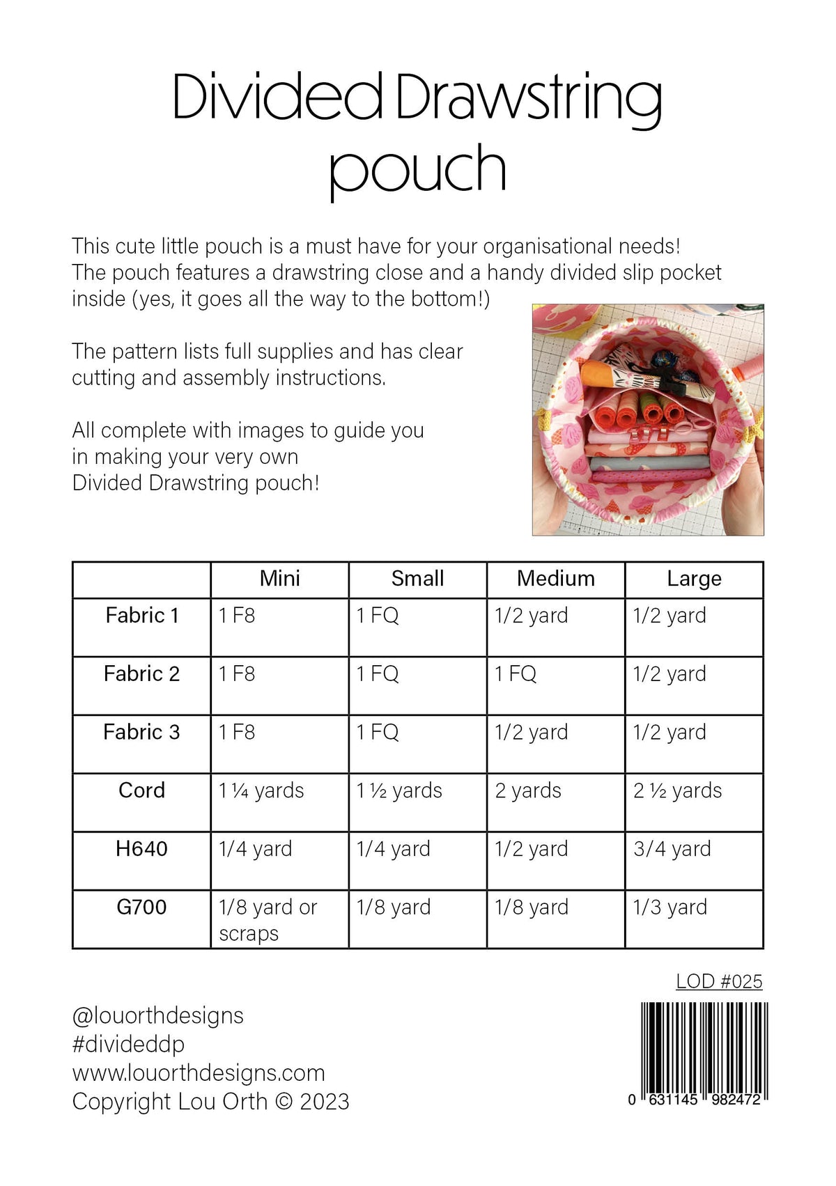 Divided drawstring pouch pattern
