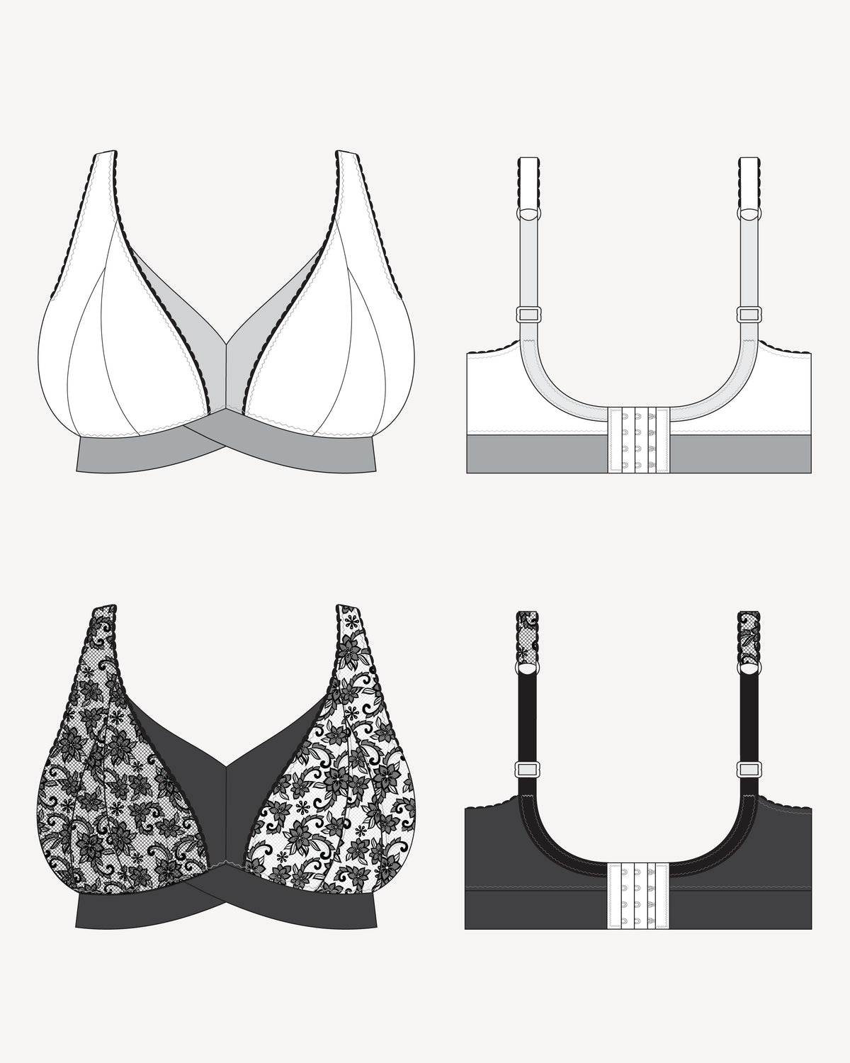 Illustrations of various bras from different angles on a white background. This bralette is the Loftus Bralette sewing pattern from Cashmerette.