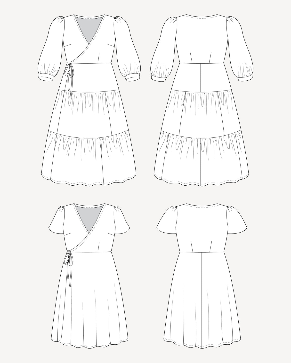 Line art of a dress from multiple angles on a white background. This dress is the Roseclair Wrap Dress sewing pattern from Cashmerette.