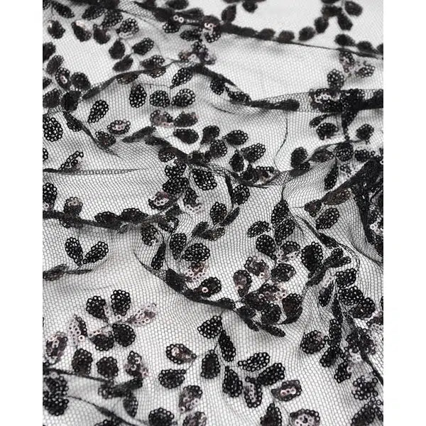 Sequin Tulle Fabric - Black Leaves | Truro Fabrics