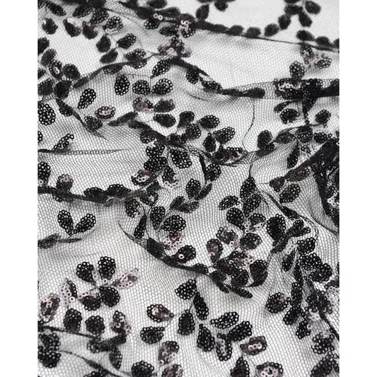 Sequin Tulle Fabric - Black Leaves | Truro Fabrics
