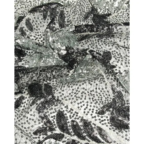 Sequin Tulle Fabric - Black & Silver Leaves | Truro Fabrics