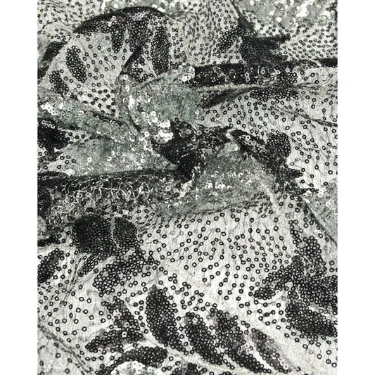 Sequin Tulle Fabric - Black & Silver Leaves | Truro Fabrics