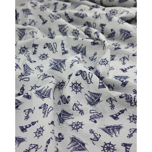 Sevenberry Cotton Seersucker Fabric – Seafarer Sketch Cloud | Truro Fabrics