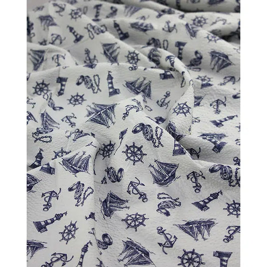Sevenberry Cotton Seersucker Fabric – Seafarer Sketch Cloud | Truro Fabrics
