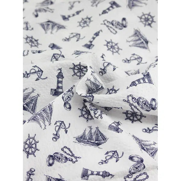 Sevenberry Cotton Seersucker Fabric – Seafarer Sketch White | Truro Fabrics
