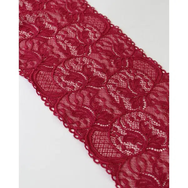 Stretch Lace Trim - 160mm - Bordeaux – view 2 | Truro Fabrics