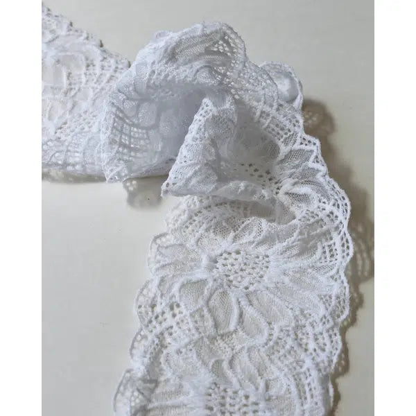 Stretch Lace Trim - 95mm - Sunflower White | Truro Fabrics