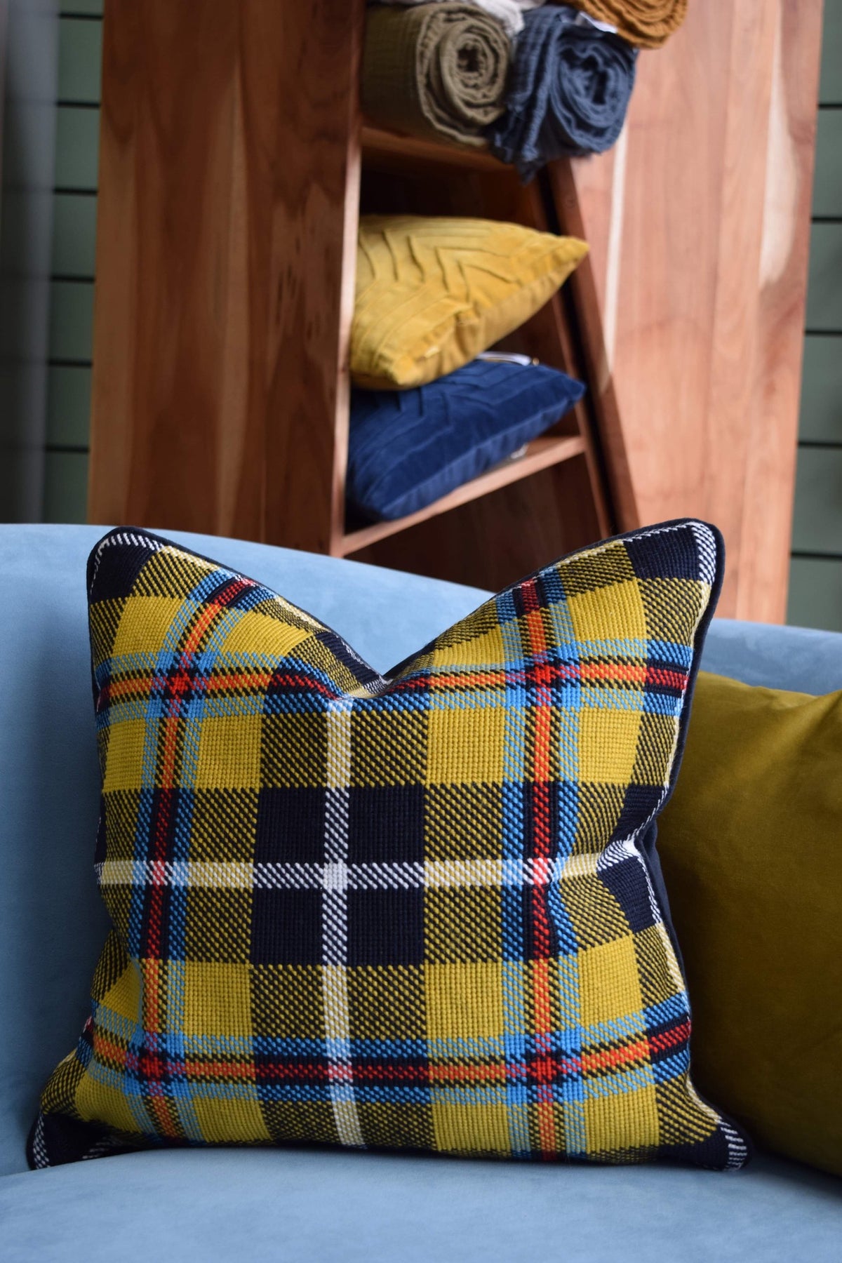 Handcrafted Cornish tartan cushion among made-to-measure soft furnishings