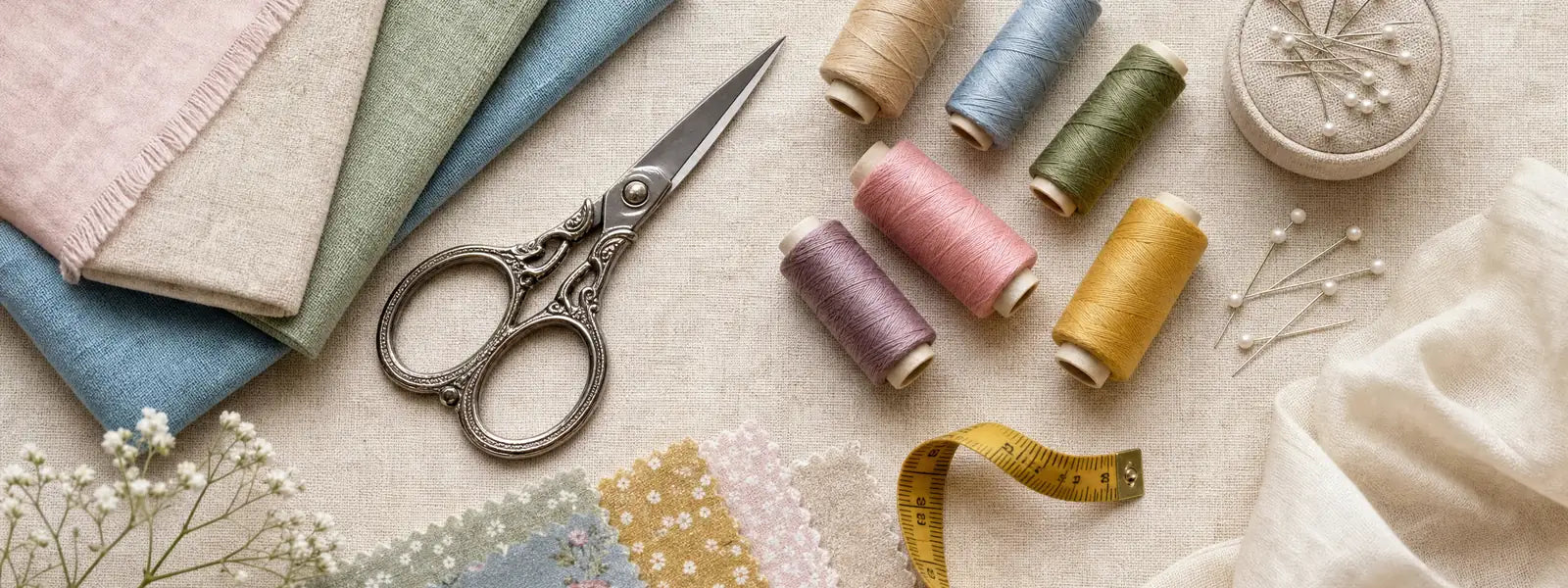 Sewing essentials flatlay with scissors, thread spools and fabric swatches at Truro Fabrics