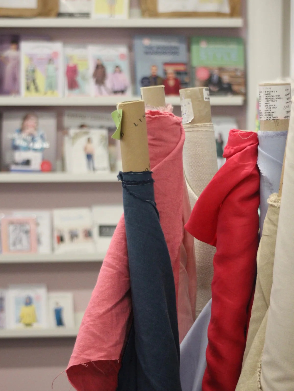 Fabric bolts and sewing patterns in the Truro Fabrics shop