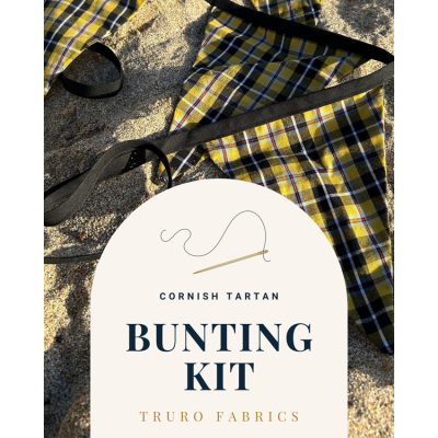 A 'Make Your Own National Cornish Tartan Bunting Kit' featuring materials to create a Cornish themed bunting. 