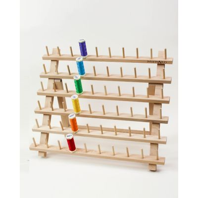 Large thread spool stand made from beech wood, with six rows of stalks to hold 60 spools of thread.